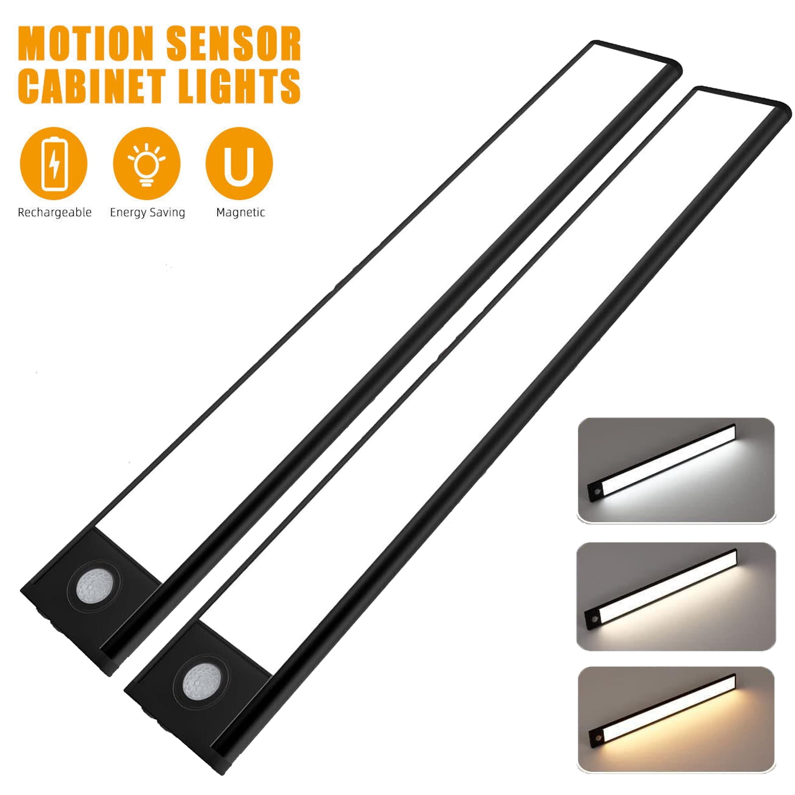 2 Pack Motion Sensor Under Cabinet Lights Indoor 20 Inch Rechargeable Under Cabinet Lighting Lights for Kitchen, Battery Powered 100 LED Stair Wall Closet Light Wireless Indoor - Black