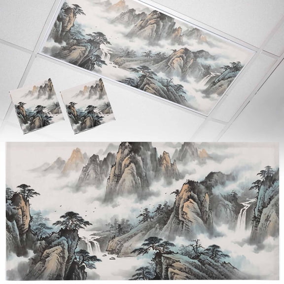 2 Pack Mountain Cloud Fluorescent Light Covers for Ceiling Lights Tree Water Ink Painting Chinese Wind Magnetic Ceiling Light Covers Overhead Light Filters for Office Classroom Home