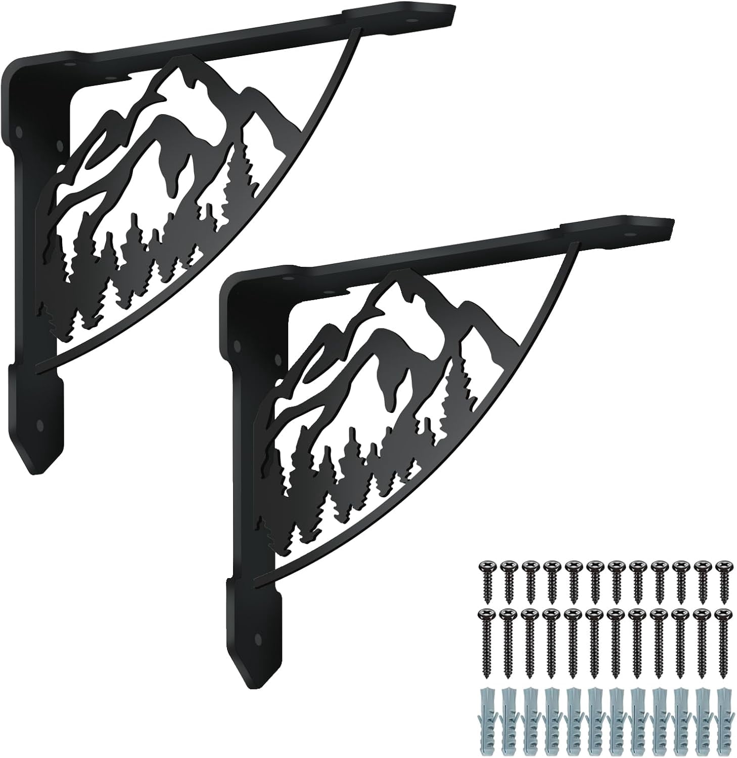 2 Pack Mountain DIY forests Shelf Brackets 300LB Heavy Duty Decorative Shelves Bracket Black Iron Corner Brackets DIY for Bookshelf Mailbox Mantel Corbels Metal Brace DIY for Kitchen 8.3x6.8in
