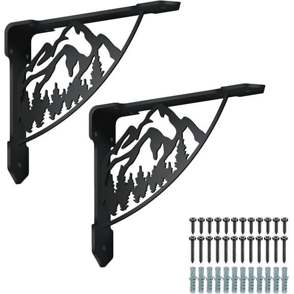 2 Pack Mountain DIY forests Shelf Brackets 300LB Heavy Duty Decorative Shelves Bracket Black Iron Corner Brackets DIY for Bookshelf Mailbox Mantel Corbels Metal Brace DIY for Kitchen 8.3x6.8in