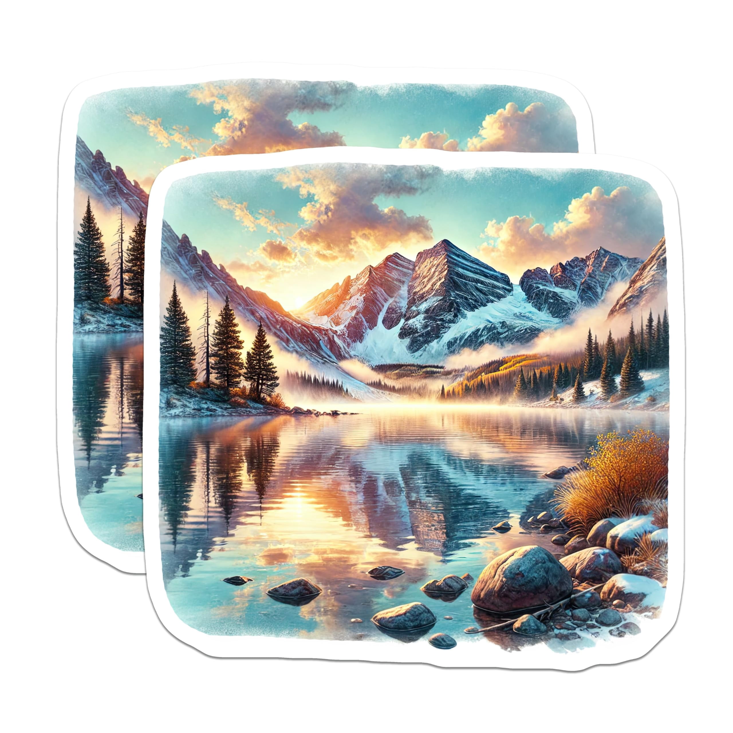(2 Pack) Mountain Lake Stickers - Snowy Peak Decals - Nature Inspired ...