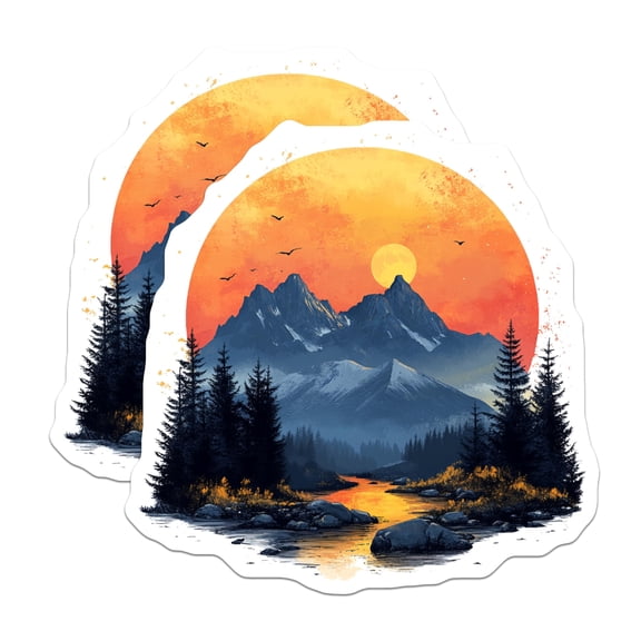 (2 Pack) Mountain Landscape Magnets - Vibrant Sunset River Scene - Forest Wilderness Nature Decor - 5 Inches On Longest Side - Thick Durable Magnet - Made in USA - MAG23460