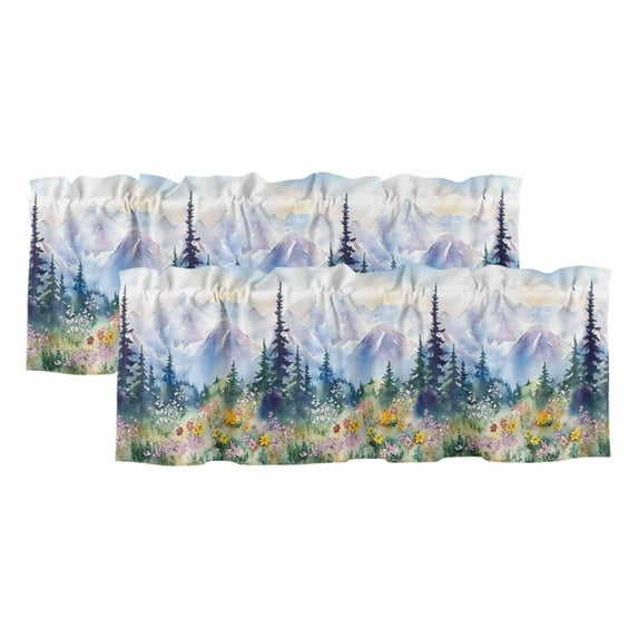 2 Pack Mountain Tree Valance for Window Watercolor Flower Retro Scenery Kitchen Valance Rod Pocket Short Curtain Topper Decorative Window Treatment for Living Room Bedroom 42"x18"