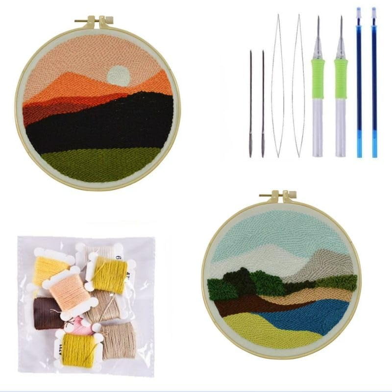 2 Pack Mountains,Dusk Easy Punch Needle Embroidery Starter Kits for Kids and Adults Beginners with Punch Needle Tool,Threader, Stamped Fabric Embroidery,Hoop,Pen, Punch Needle Kits