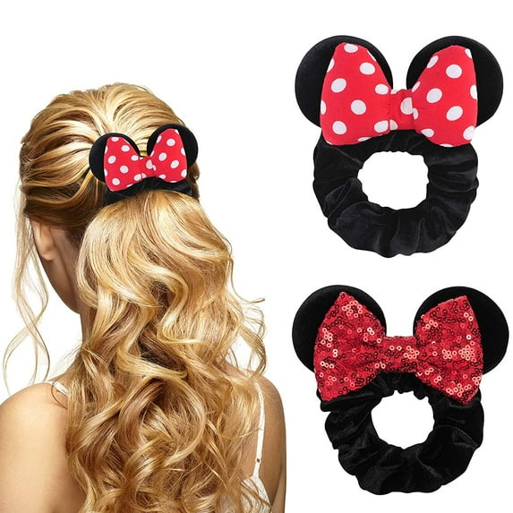 2 Pack Mouse Ears Scrunchies, TEKI Sequin Hair Band Velvet Hair Bows Hair Tie Ponytail Holder Hair Accessories for Women Girls (Big White Spot+Red)