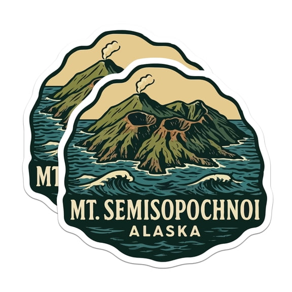 (2 Pack) Mt Semisopochnoi Alaska Magnets - Smoking Volcano Island Ocean Waves - Retro Travel Decor Destination Souvenir - 5 Inches On Longest Side - Thick Durable Magnet - Made in USA - MAG19612