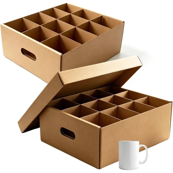 2 Pack Mug & Glassware Moving Boxes with Dividers & Lids, 17.1 x 13.5 x 5.9 Inch Kitchen Packing Kit with Handle, Thick Corrugated Cardboard Shipping Boxes for Glasses Cup Packing and Storage, Brown
