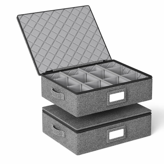 2 Pack Mug Storage Boxes with Dividers, Hard Shell Cup Organizer for Coffee Mugs, Tea Cups and Glasses, Stackable Storage Cases with Lid, Holds 24