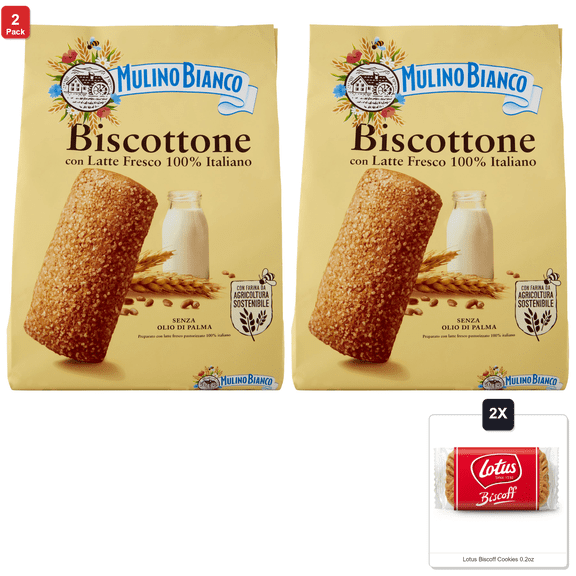 2 Pack | Mulino Bianco: "Biscottone" Shortbread Cookies With Crumbly Pastry - 24.69 Oz (700G) [ Italian Import ] & 2x Lotus Biscoff Cookies 0.2oz