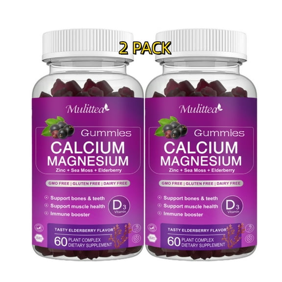 (2 Pack) Mulittea Magnesium Glycinate Gummies - Plant Complex Calcium Supplement with D3 Sea Moss for Bone, Calm Mood & Sleep Support - 120 Gummies