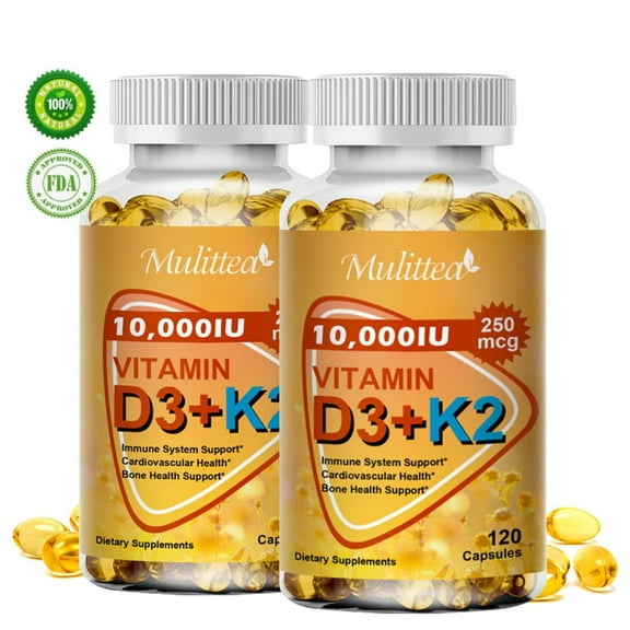 (2 Pack) Mulittea Vitamin K2 (MK7) with D3 Supplement, 10,000 IU Vitamin D3 & K2 Support Bone & Heart Health,Immune,120 Capsules