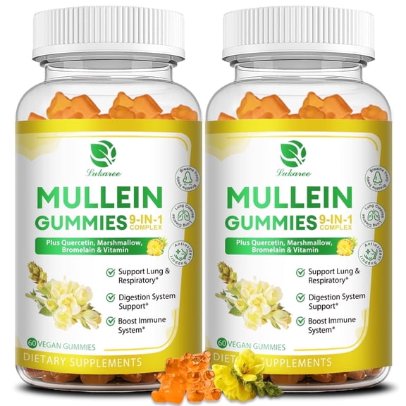 (2 Pack)Mullein Gummies for Lungs – Mullein Supplement with Quercetin, Elderberry for Respiratory & Immune Support, Lung Breathing & Detox, 60 Pineapple Gummies