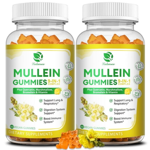 (2 Pack)Mullein Gummies for Lungs – Mullein Supplement with Quercetin, Elderberry for Respiratory & Immune Support, Lung Cleanse, Breathing & Detox, 60 Pineapple Gummies
