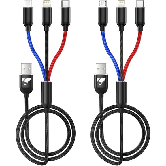 2 Pack Multi Charging Cable, 3 in 1 Multi Phone Charger Cable Fast Charging Cord with USB C, Micro USB Cable Compatible with iPhone/iPad/Samsung/Android Phone, Black