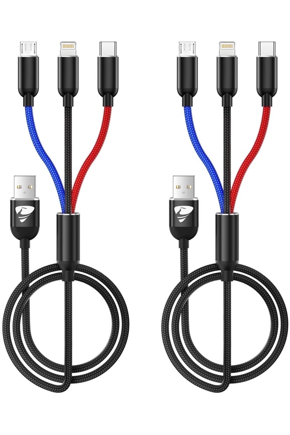 2 Pack Multi Charging Cable, 3 in 1 Multi Phone Charger Cable Fast Charging Cord with USB C, Micro USB Cable Compatible with iPhone/iPad/Samsung/Android Phone, Black