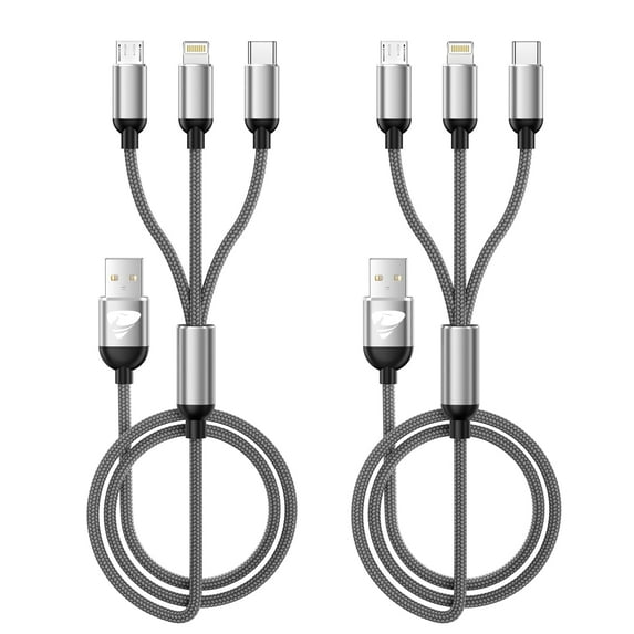 2 Pack Multi Charging Cable, 3 in 1 Phone Charger Cord Fast Charging with Micro USB, USB C Cables Compatible with iPhone/iPad/Samsung, Gray