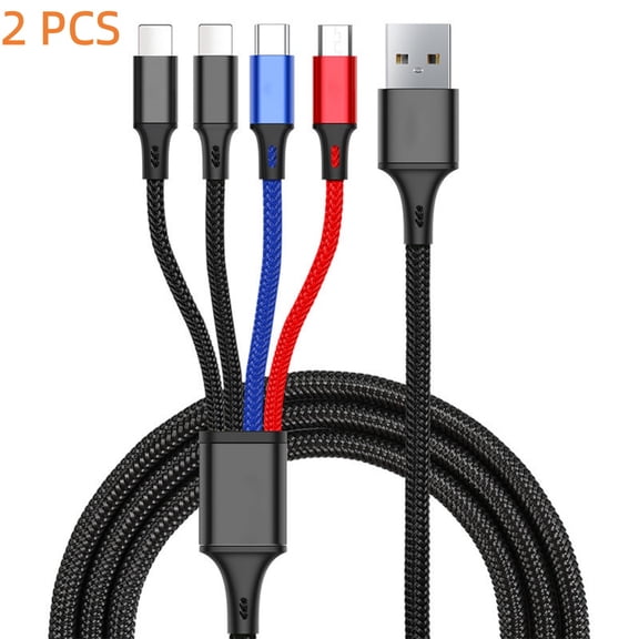 2 Pack Multi Charging Cable, 4 in 1 Multi Phone Charger Cable Fast Charging Cord with USB C, Micro USB Cable Compatible with iPhone/Samsung/Android Phone, Black