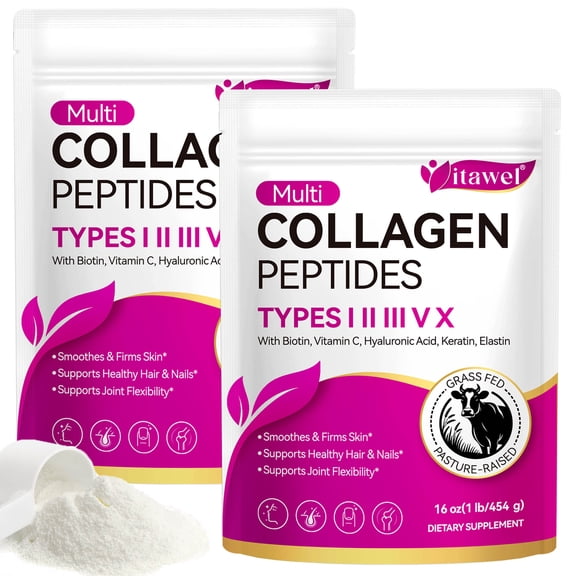 (2-Pack) Multi Collagen Peptides Powder, Healthy Skin, Hair, Joint, Nail Support, 5 Types Hydrolyzed Collagen with Vitamin C & Hyaluronic Acid, Unflavored, 16 oz (1 lb/454 g)