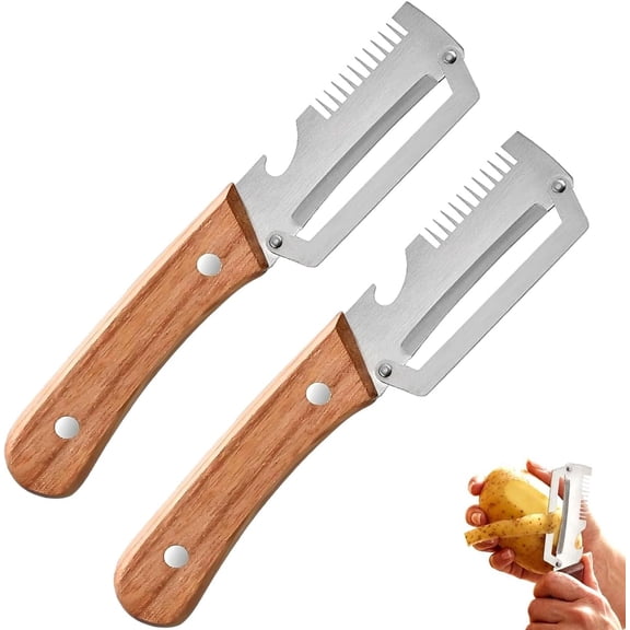 2 Pack Multi-Functional Vegetable Peeler, 3 in 1 Multi Functional Wooden Handle Peeler and Bottle Opener, Kitchen Gadgets Tool for Fruit Pumpkin Peeling Potato Carrot Veggie Peeler