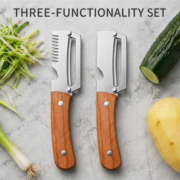 2 Pack Multi Functional Vegetable Peeler with Wooden Handle and Bottle Opener, 2-in-1 Stainless Steel Kitchen Tools for Fruit Potato Pumpkin Papaya