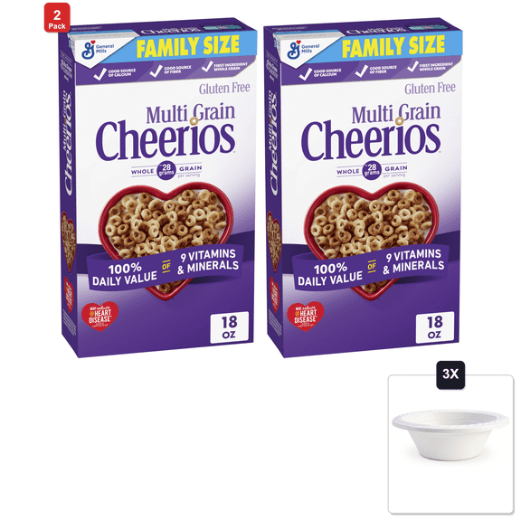 2 Pack | Multi Grain Cheerios, Breakfast Cereal, Family Size, 18 oz & 3x 12oz Disposable Plastic Bowl