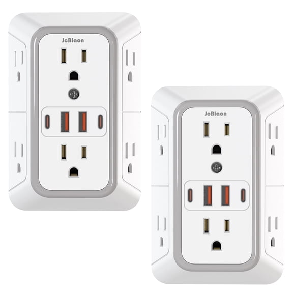 2 Pack Multi Plug Outlet, Surge Protector, 6 Outlet Extender with 4 USB Charging Ports (2 USB C), USB Wall Charger, 3-Sided 1050J Power Strip Outlets Splitter Wall Plug Adapter Spaced for Home Office