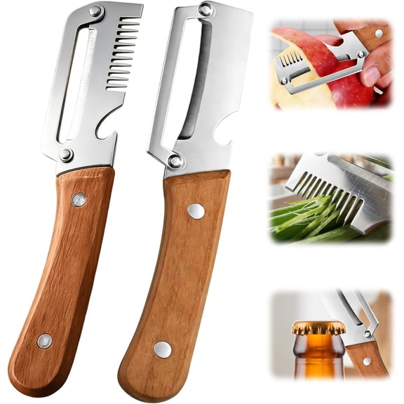 2 Pack MultiFunctional Vegetable Peeler,3 in 1 Multi Functional Wooden Handle Peeler and Bottle Opener,Peeler Knife for Fruit Pumpkin Peeling Potato Carrot Veggie Peeler