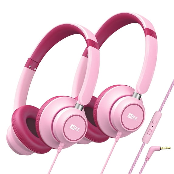 2 Pack Pink MEE audio KidJamz KJ45 Kids Headphones with 3.5mm Plug, Safe Listening for Boys and Girls / Students / School / Library / Classroom with Volume-Limiting Technology and Inline Microphone