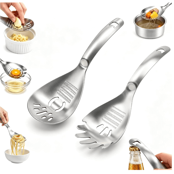 2 Pack Multifunction Stainless Steel Cooking Spoon, 6-in-1 Kitchen Utensil with Slotted Spoon, Potato Masher, Grater, Bottle Opener, Egg Separator & Pasta Server