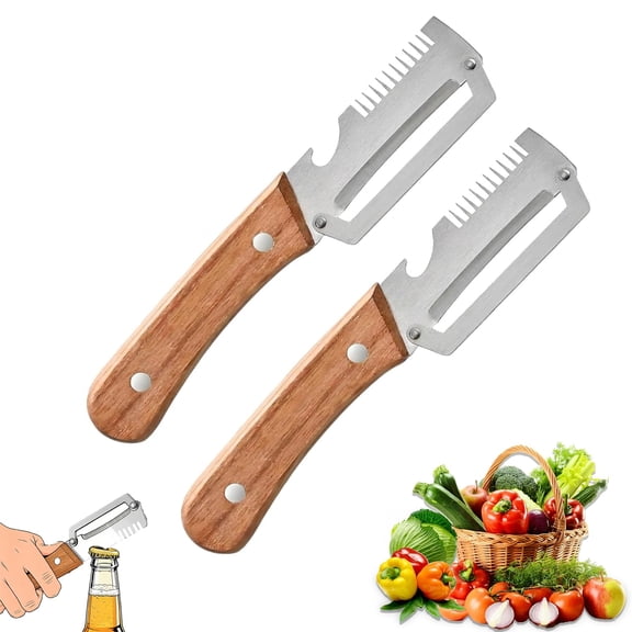 2 Pack Multifunctional Vegetable Peeler, 3-in-1 Peelers For Kitchen with Bottle Opener, Sharp Stainless Steel Swivel Blade, Wooden Handle, For Vegetables or Fruits that Need to Be Peeled