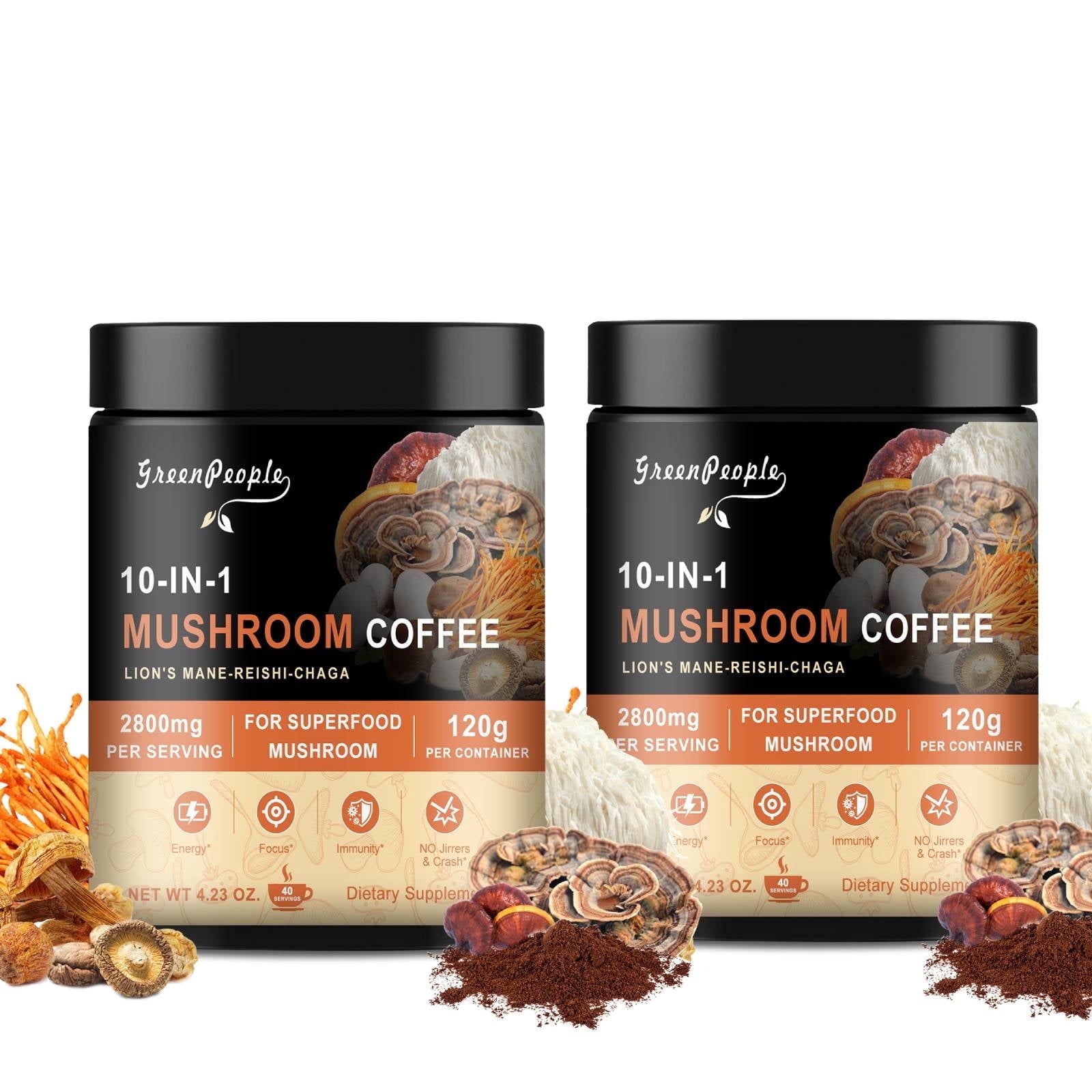 (2 Pack) Mushroom Coffee Powder 2800 mg (40 Servings), 10-in-1 Mushroom Blend Supplement 120g (4.23 oz)