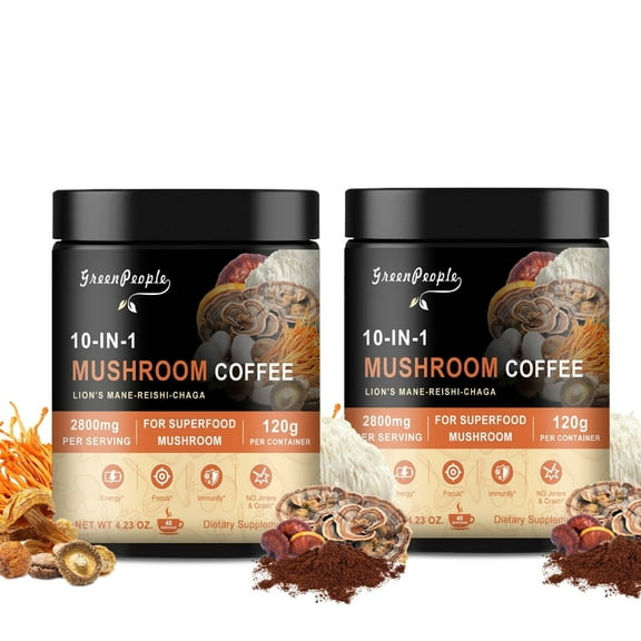 (2 Pack) Mushroom Coffee Powder 2800 mg (40 Servings), 10-in-1 Mushroom Blend Supplement 120g (4.23 oz) by GreenPeople