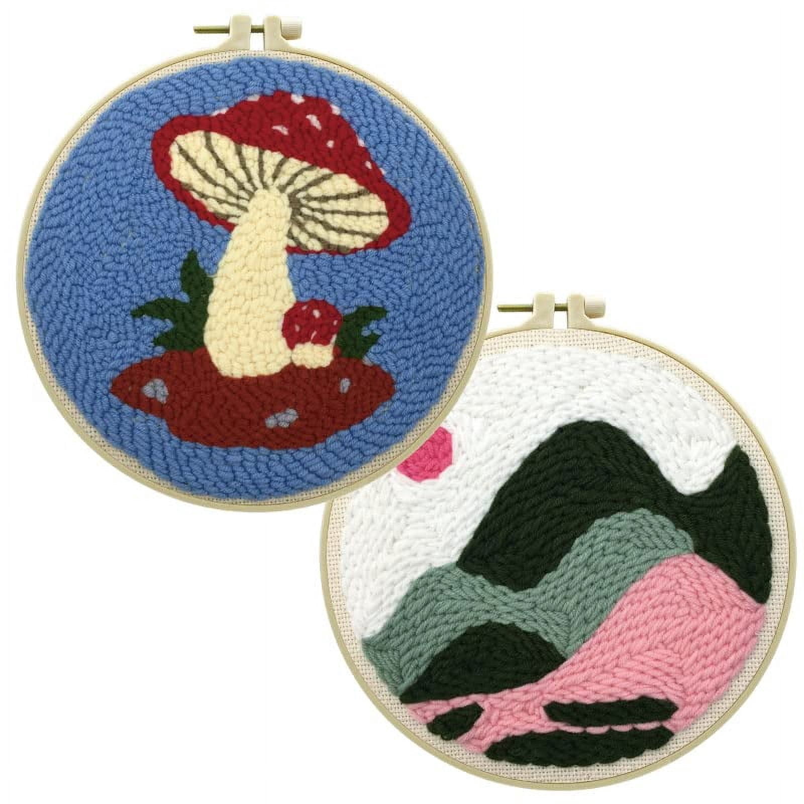 2 Pack Mushroom,Mountains Easy Punch Needle Embroidery Starter Kits for Kids and Adults Beginners with Punch Needle Tool,Threader, Stamped Fabric Embroidery,Hoop,Pen, Punch Needle Kits