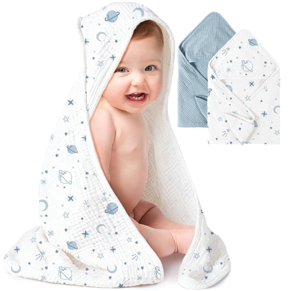 2-Pack Muslin Hooded Baby Towels, 100% Cotton, Ultra-Soft & Absorbent Baby Bath Towels with Hood for Newborn & Infant (Blue, Star,32" x 32")