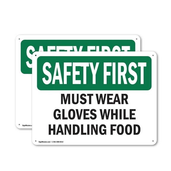 (2 Pack) Must Wear Gloves While Handling Food OSHA Safety First Sign 24 Inch X 18 Inch Indoor / Outdoor Rust-Free Aluminum Metal Signs for Workplace, Workshop, and Construction Site,