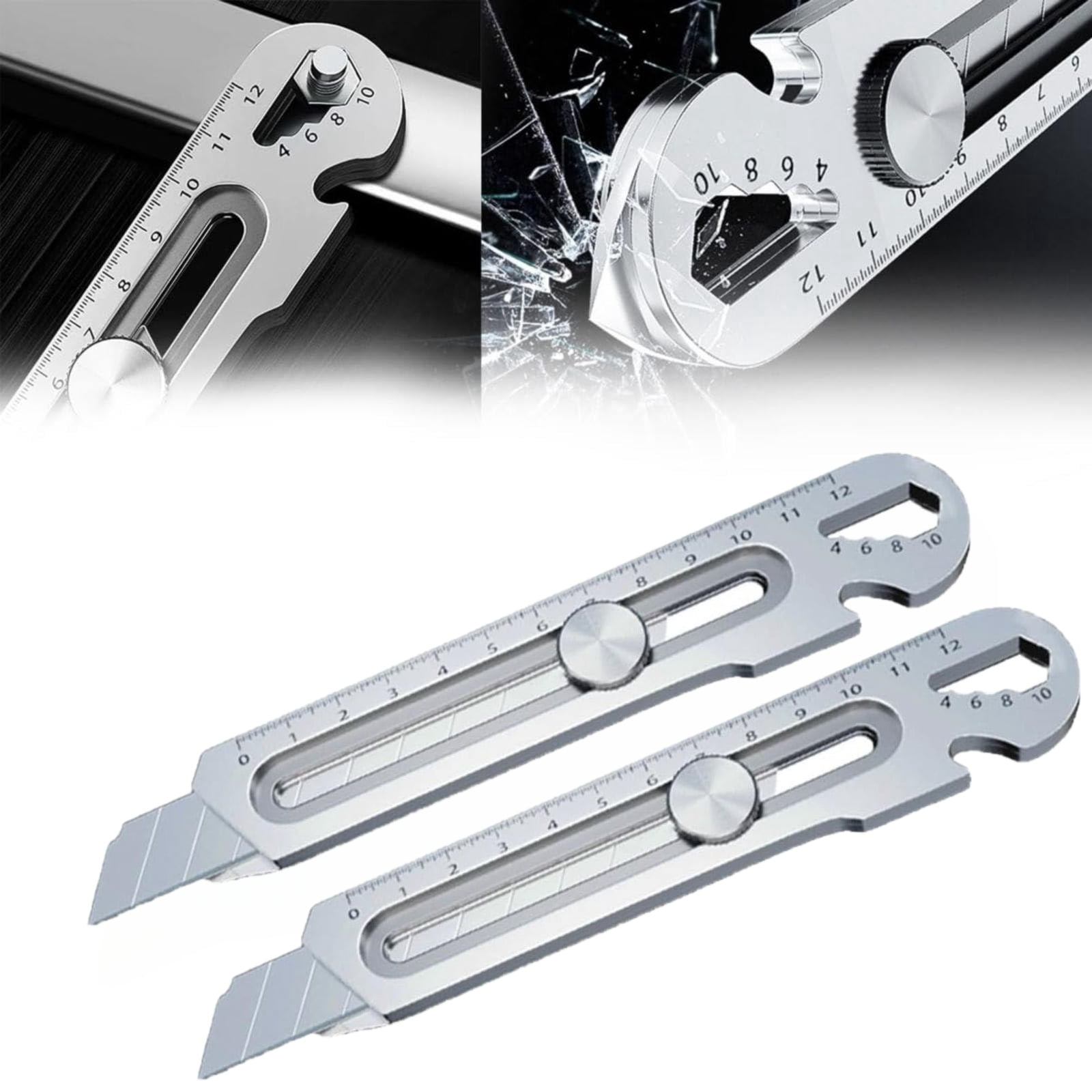 2 Pack Mutipurpose Utility Knife, 10-in-1Stainless Steel Retractable Box Cutter, Heavy Duty Snap off Cutter Knife, Safety Lock Design (Silver)