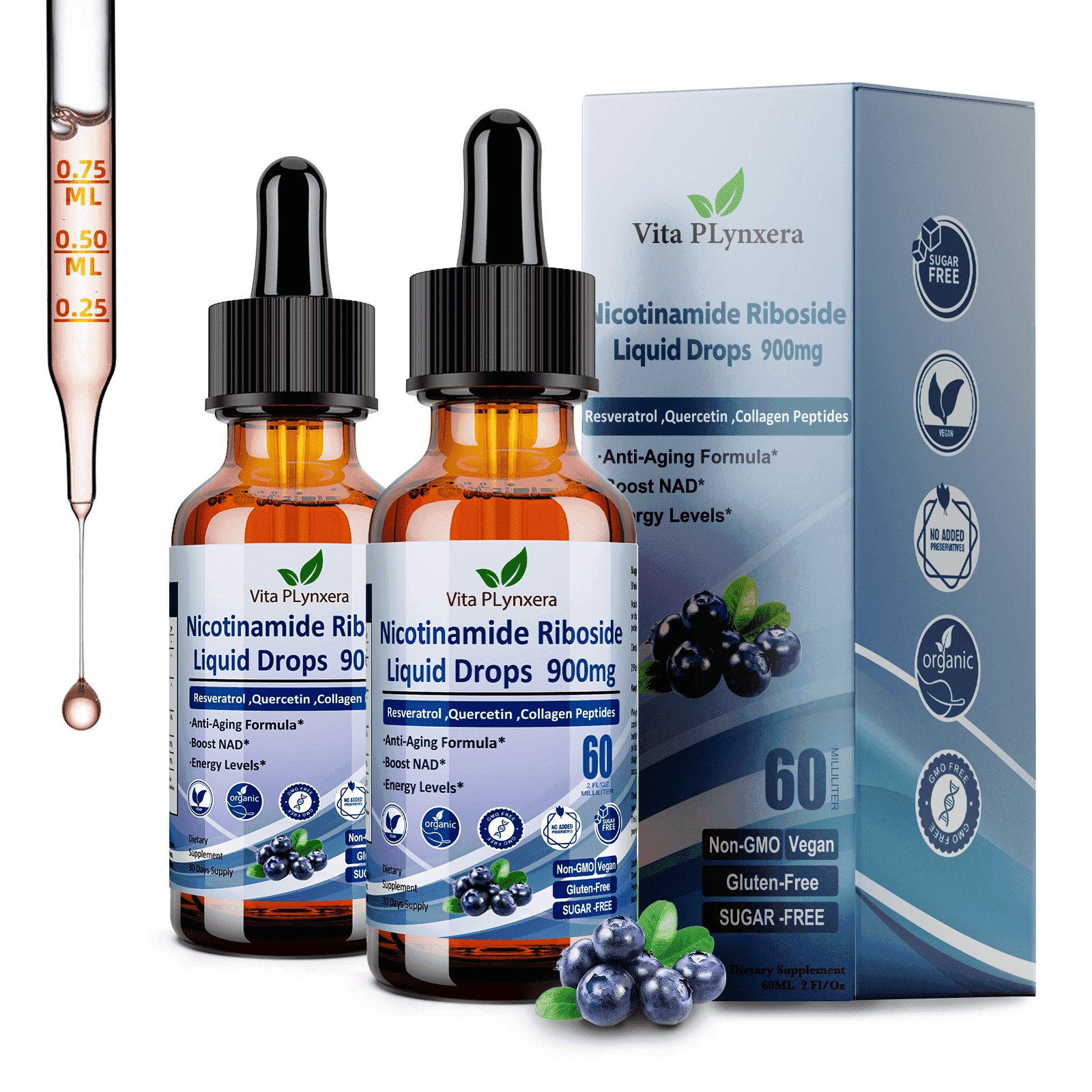 2 Pack NAD+ Nicotinamide Riboside with Resveratrol, Quercetin, Collagen, Biotin & Vitamins - 6-in-1 Liquid Formula for Women and Men