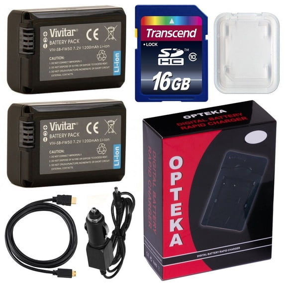 (2 Pack) NP-FW50 1200mAh Extended Rechargeable Battery, AC/DC Rapid Home Wall and Travel Charger with Car and European Adapter, HDMI to HDMI Mini Cable, Transcend 16GB Memory Card for Sony
