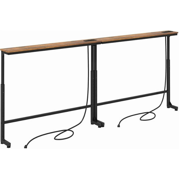 2-Pack Narrow Console Table with Adjustable Height (25"-33") & Power Outlets, Rustic Brown Sofa Table for Behind Couch or Wall, 79" Long with 4.9ft Cord