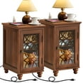 thumbnail image 1 of 2 Pack Narrow End Table with Charging Station, Wood Side Table for Living Room Bedroom, Farmhouse Brown, 1 of 9