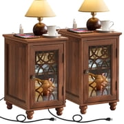 2 Pack Narrow End Table with Charging Station, Wood Side Table for Living Room Bedroom, Farmhouse Brown