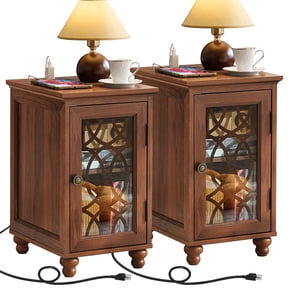 2 Pack Narrow End Table with Charging Station, Wood Side Table for Living Room Bedroom, Farmhouse Brown