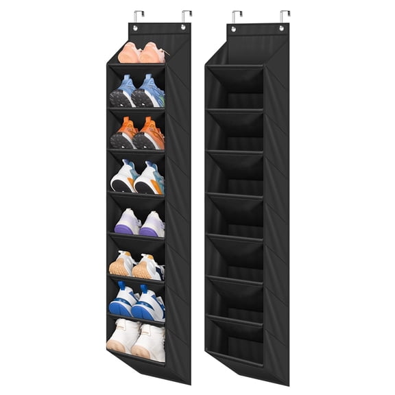 2 Pack Narrow Over The Door Shoe Organizer with 8 Large Deep Pockets, Hanging Shoe Rack for Closet Door Storage for Boots, Sneakers (Black)