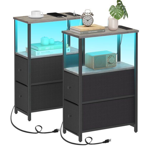 2 Pack Narrow Side Table With Double Drawers Multifunctional Nightstand For Home Indoor Use
