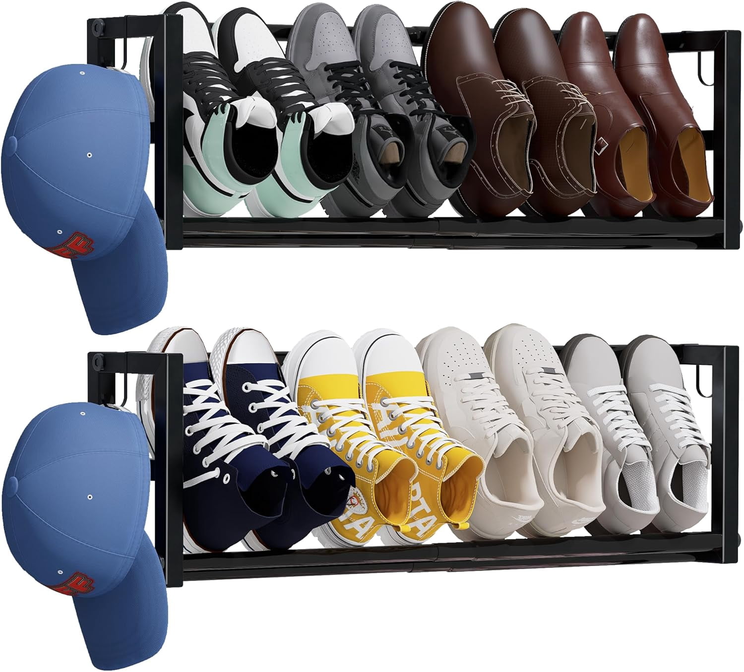 2 Pack Narrow Wall Mounted Shoe Rack for Small Spaces, Hanging Shoe Rack Holds 8 Pairs, 17"-30"Adjustable Heavy Duty Wall Shoe Storage with 4 Storage Hooks,Space Saving for Closet Entryway Door,Black
