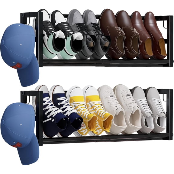 2 Pack Narrow Wall Mounted Shoe Rack for Small Spaces, Hanging Shoe Rack Holds 8 Pairs, 17"-30"Adjustable Heavy Duty Wall Shoe Storage with 4 Storage Hooks,Space Saving for Closet Entryway Door,Black