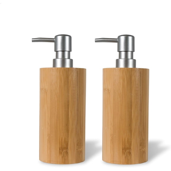 2 Pack Natural Bamboo Liquid Soap Dispensers, 10 oz Refillable Bottles with Silver Plastic Pumps for Bathroom or Kitchen Countertop