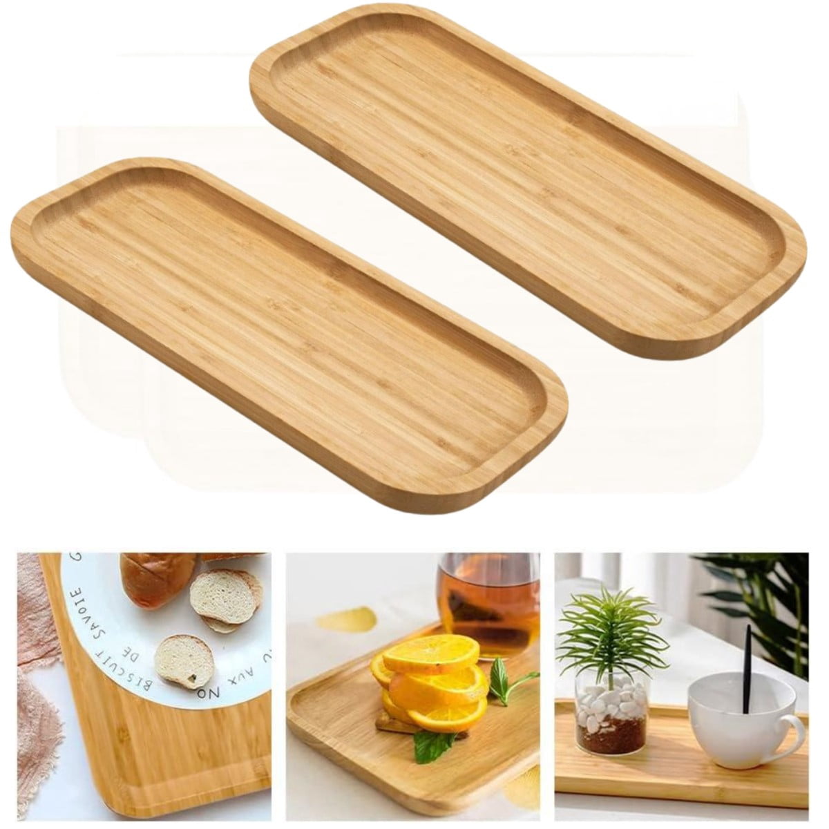 2 Pack Natural Bamboo Vanity Tray, Bathroom Trays for Counter Smooth and Thick Wooden Tray for ...