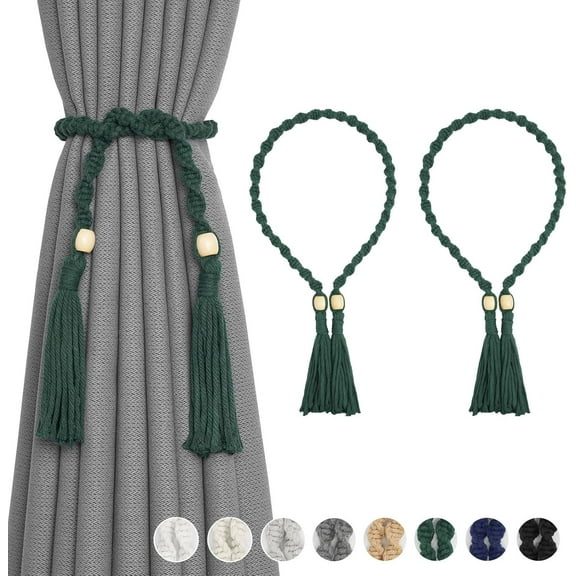 2 Pack Natural Cotton Rope Curtain Tiebacks Boho Rustic Style Decorative Drape Tie Backs Spiral Braided Rope Curtain Holdbacks for Thin or Thick Home & Office Window Draperies (Dark Green)