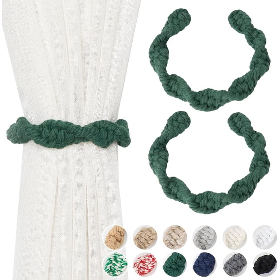 2 Pack Natural Cotton Rope Curtain Tiebacks Farmhouse Rustic Style Decorative Drape Tie Backs Spiral Braided Curtain Holdbacks for Home & Office Sheer/Light Weight Drapery (C-Dark Green)